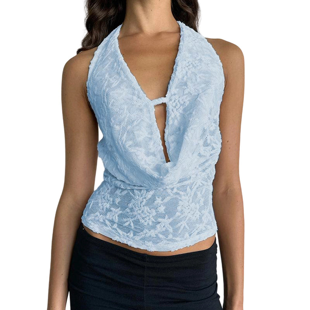Fashionable Sexy Lace Deep V-Neck Halter Top For Women
