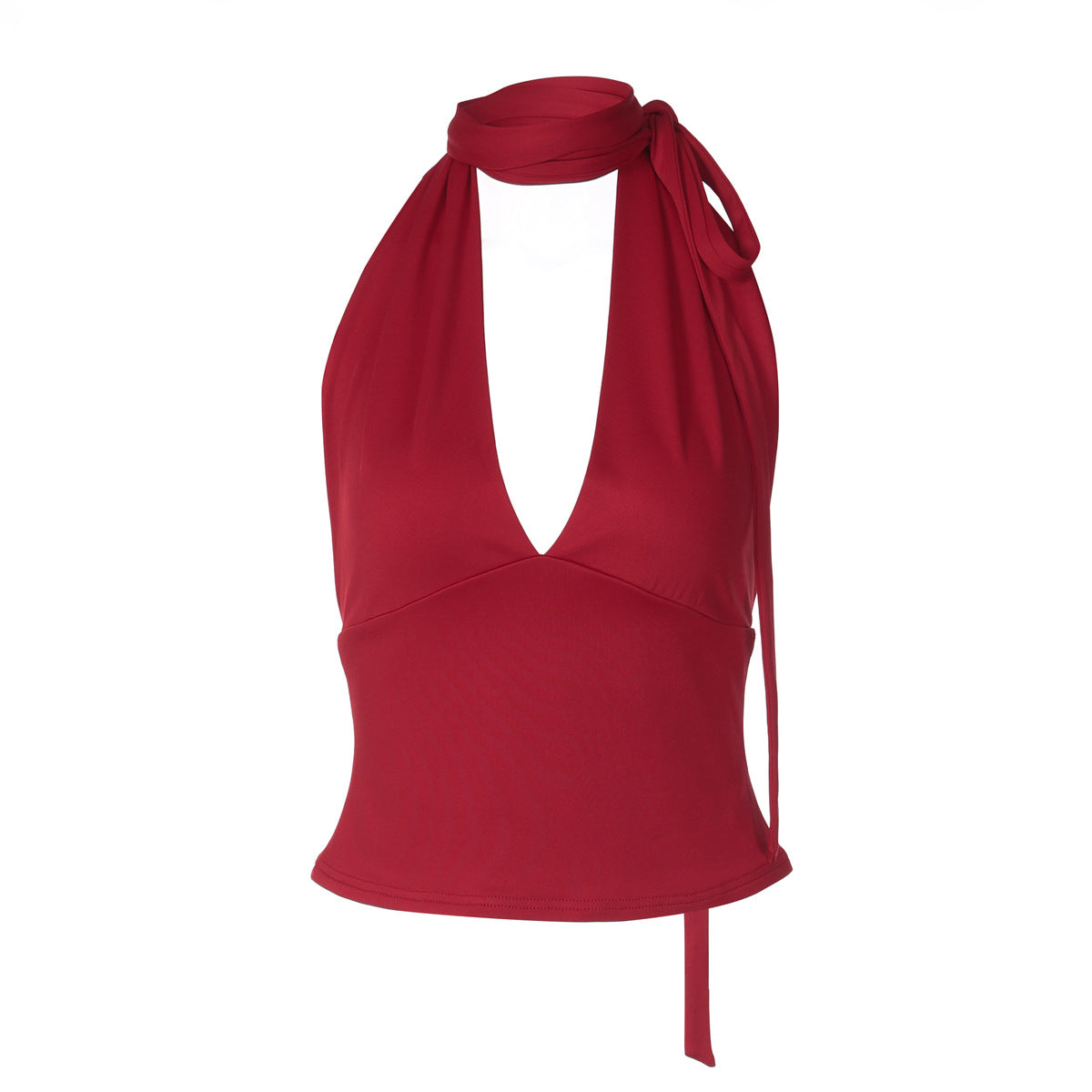 Womens Fashionable Deep V-Neck Backless Slim-Fit Solid-Color Lace-Up Tank Top