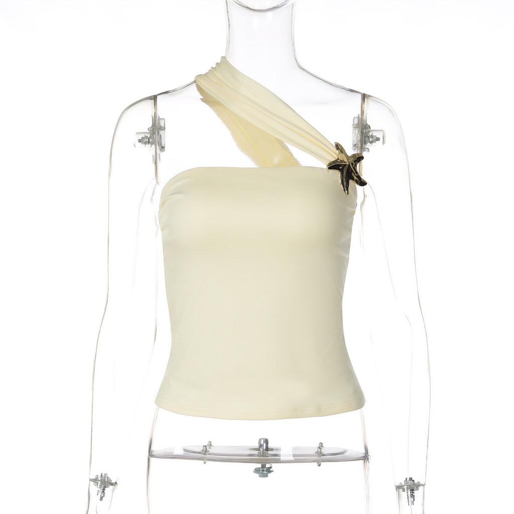 Personalized One Shoulder Top With A Slanted Neckline And Gold Button Detailing