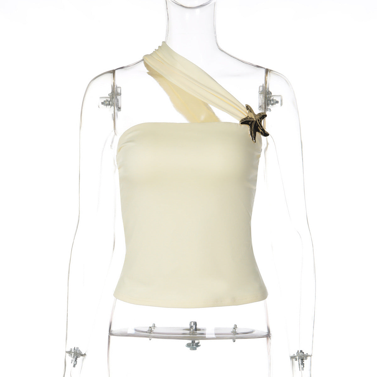 Personalized One Shoulder Top With A Slanted Neckline And Gold Button Detailing