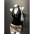 Niche Black V-Neck Embroidered Halter Backless Sophisticated Vintage Top