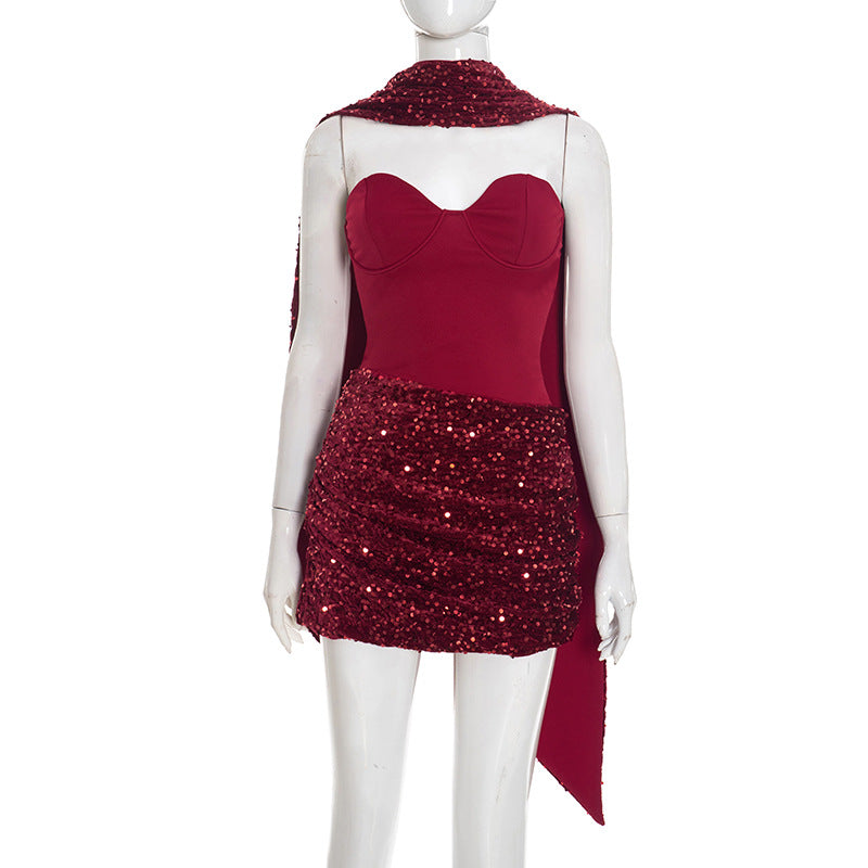 Asymmetrical Pleated Draped Mini Dress With A Neck-tie Ribbon