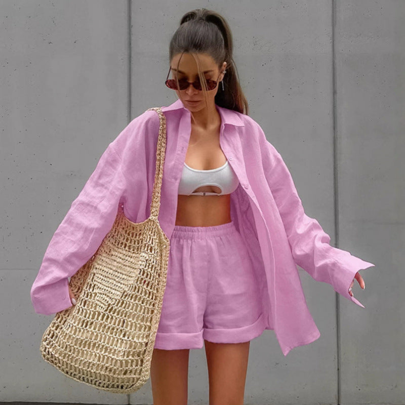Pink Single Breasted Loose Fit Long Sleeve Shirt And Elastic Waist Casual Cropped Pants Two Piece Set