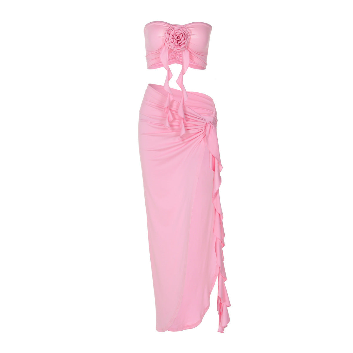 Tube Top Hugging Pleated Slit Floral Lace Up Set