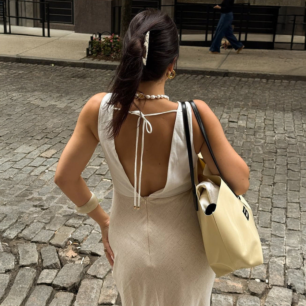 Elegant Tight-fitting Waist-cinching Sleeveless Dress With A Tie-back Detail