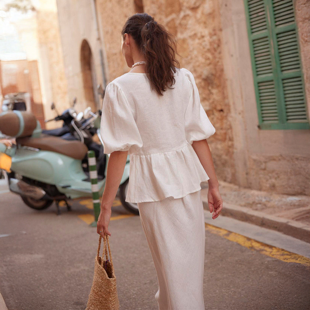 Womens Casual Cotton Set Puff Sleeve Shirt With Long Skirt