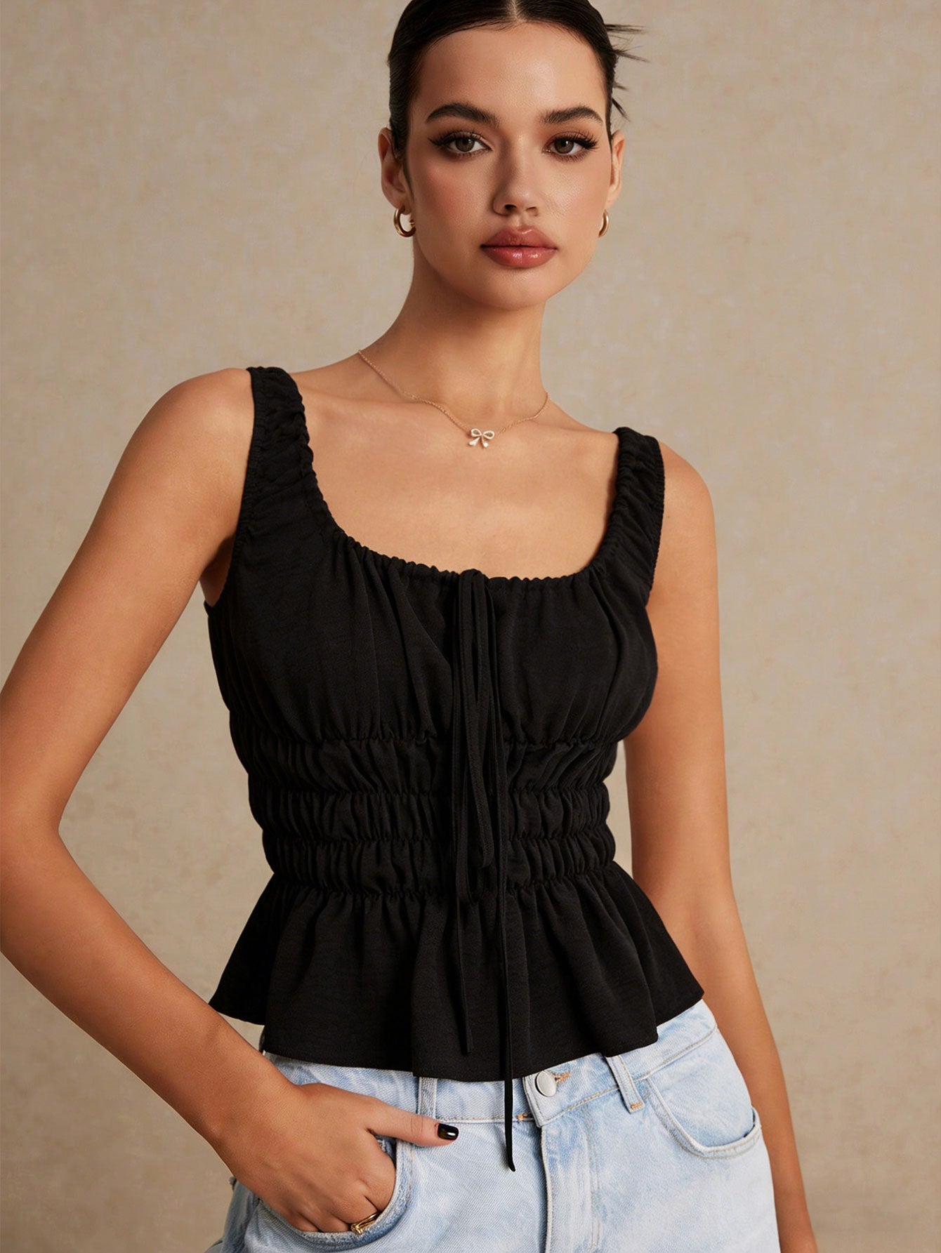 Square-neck Drawstring Pleated Camisole For Women Waist-cinching And Slimming