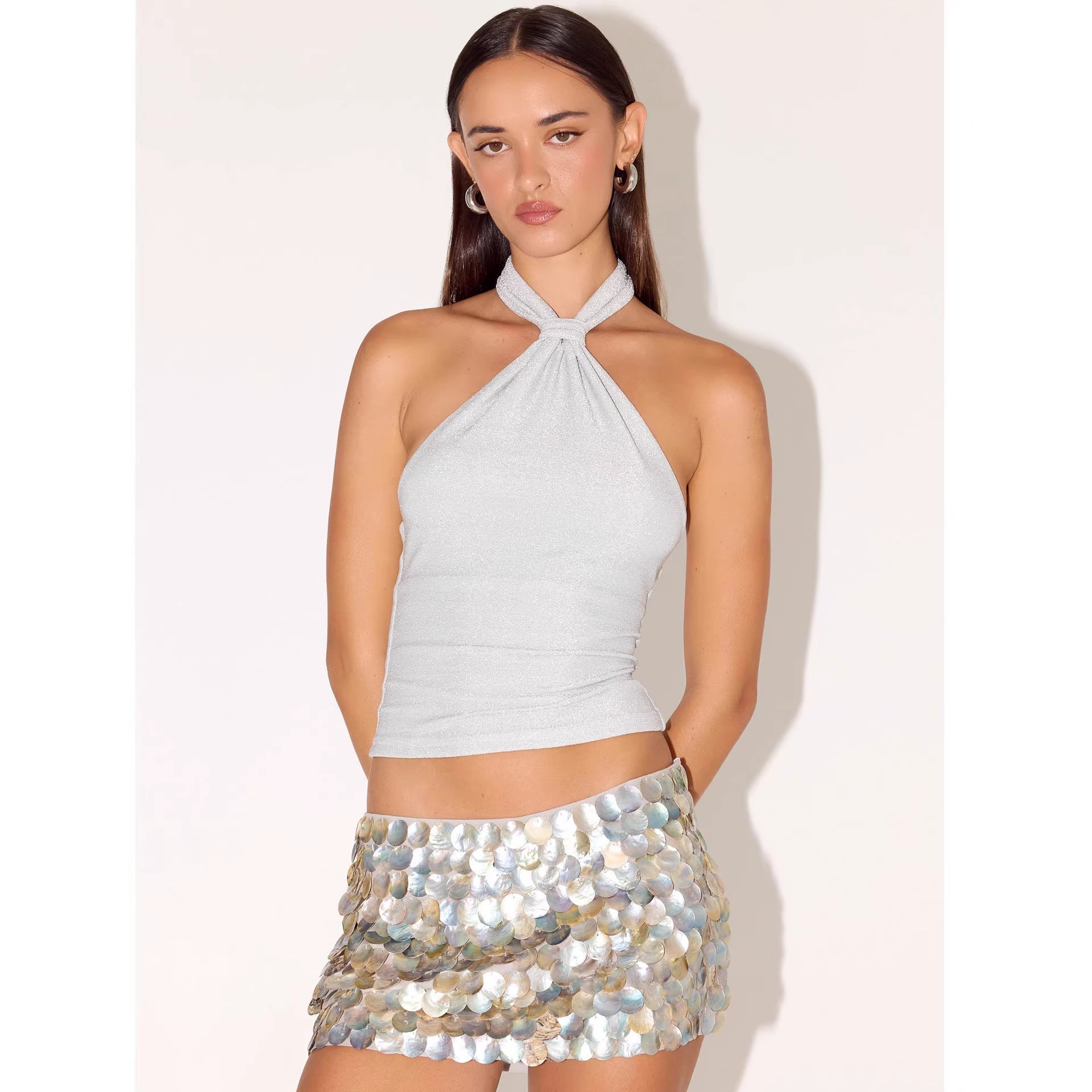 Womens Light Luxury Sexy Halterneck Off-Shoulder Top