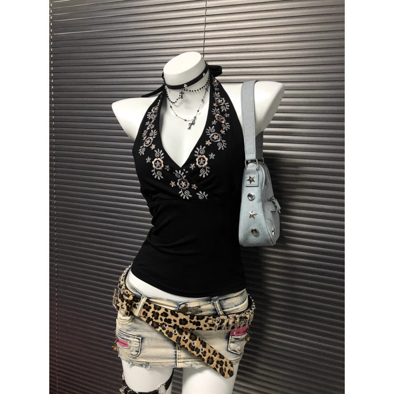 Niche Black V-Neck Embroidered Halter Backless Sophisticated Vintage Top