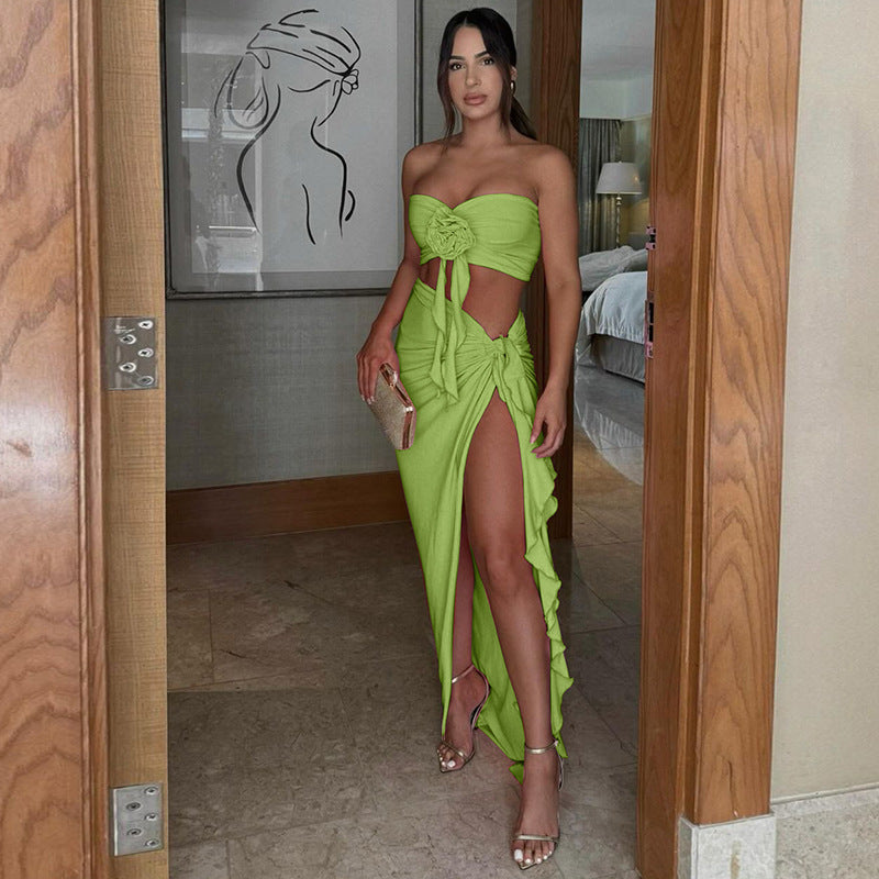 Tube Top Hugging Pleated Slit Floral Lace Up Set