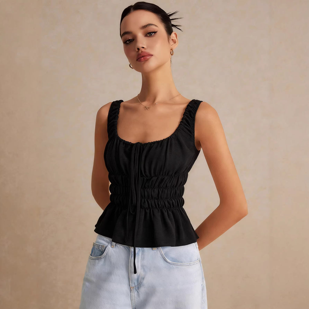 Square-neck Drawstring Pleated Camisole For Women Waist-cinching And Slimming