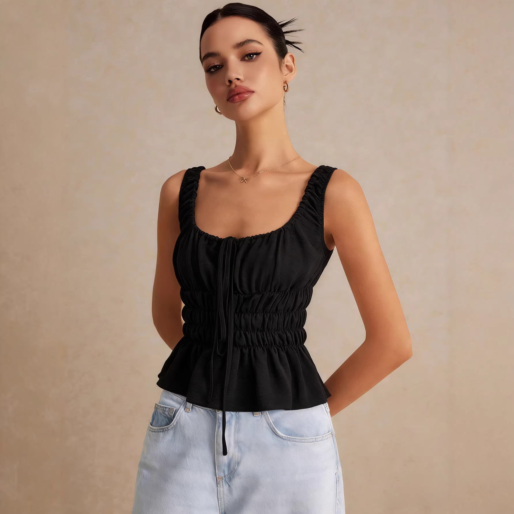 Square-neck Drawstring Pleated Camisole For Women Waist-cinching And Slimming