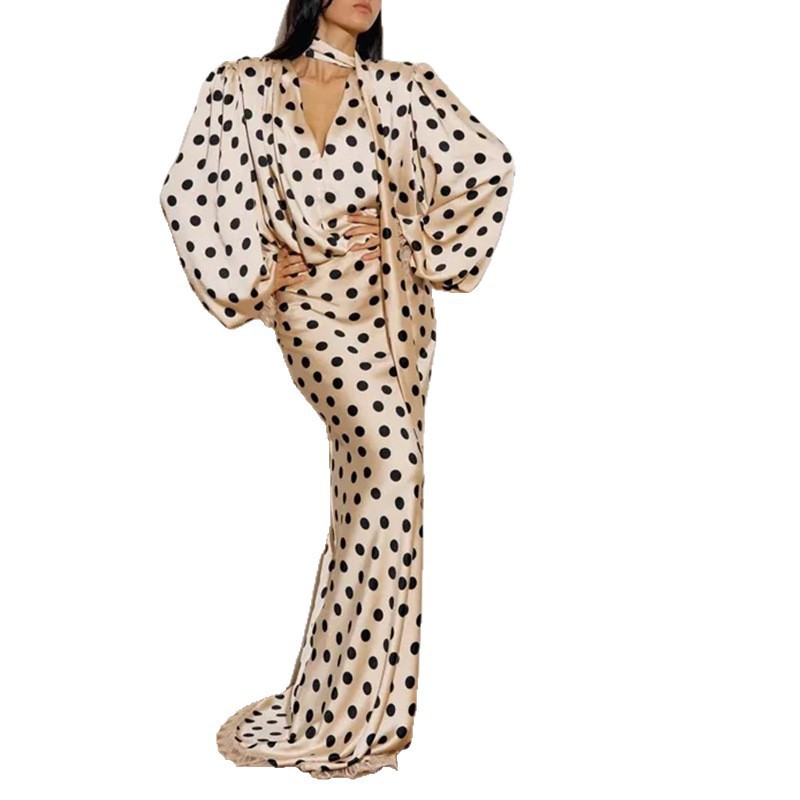 Fashionable Retro Polka-Dot V-Neck Puff-Sleeve Waist-Cinching Long Dress Set