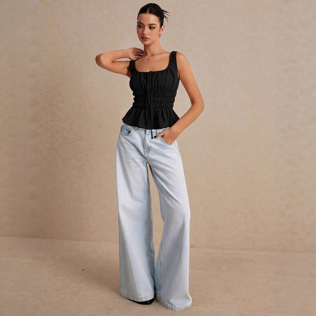 Square-neck Drawstring Pleated Camisole For Women Waist-cinching And Slimming