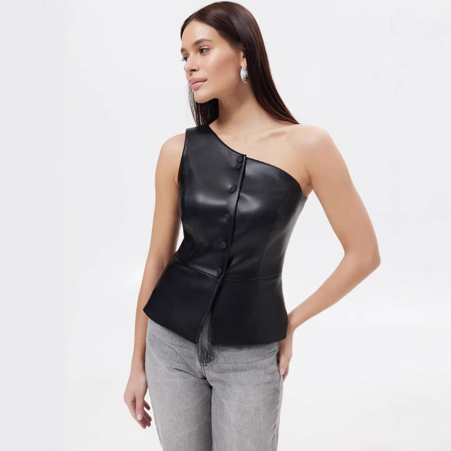 Women's Single-breasted Short Asymmetric Shoulder Off-shoulder Vest
