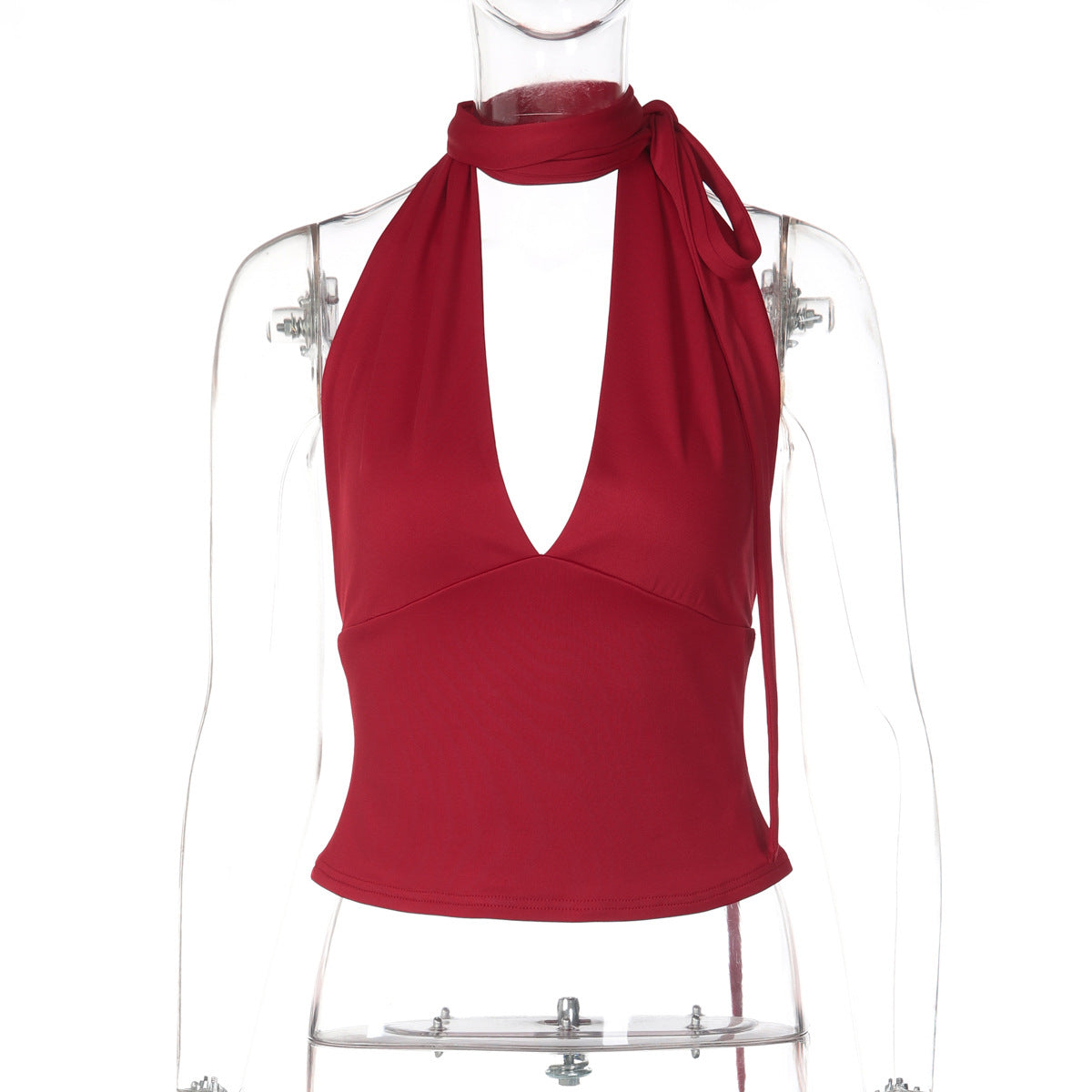 Womens Fashionable Deep V-Neck Backless Slim-Fit Solid-Color Lace-Up Tank Top