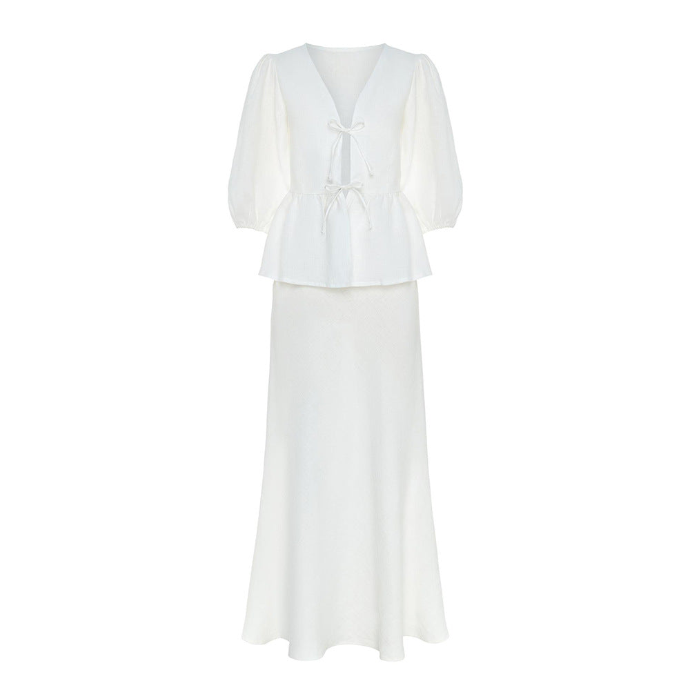 Womens Casual Cotton Set Puff Sleeve Shirt With Long Skirt