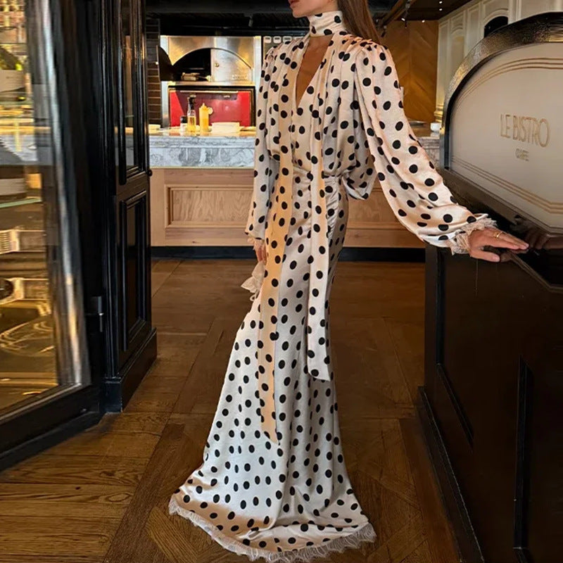 Fashionable Retro Polka-Dot V-Neck Puff-Sleeve Waist-Cinching Long Dress Set
