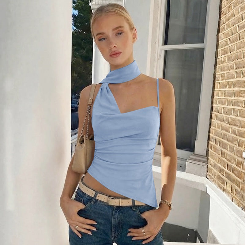 Womens Allure-Style Halterneck Flowy Strap Solid-Color One-Shoulder Camisole Top