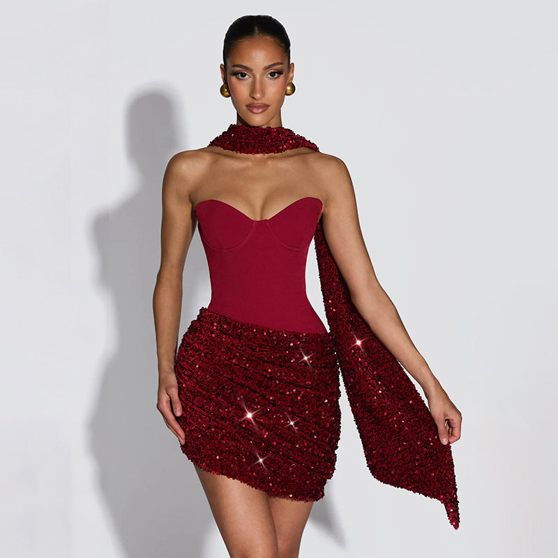 Asymmetrical Pleated Draped Mini Dress With A Neck-tie Ribbon
