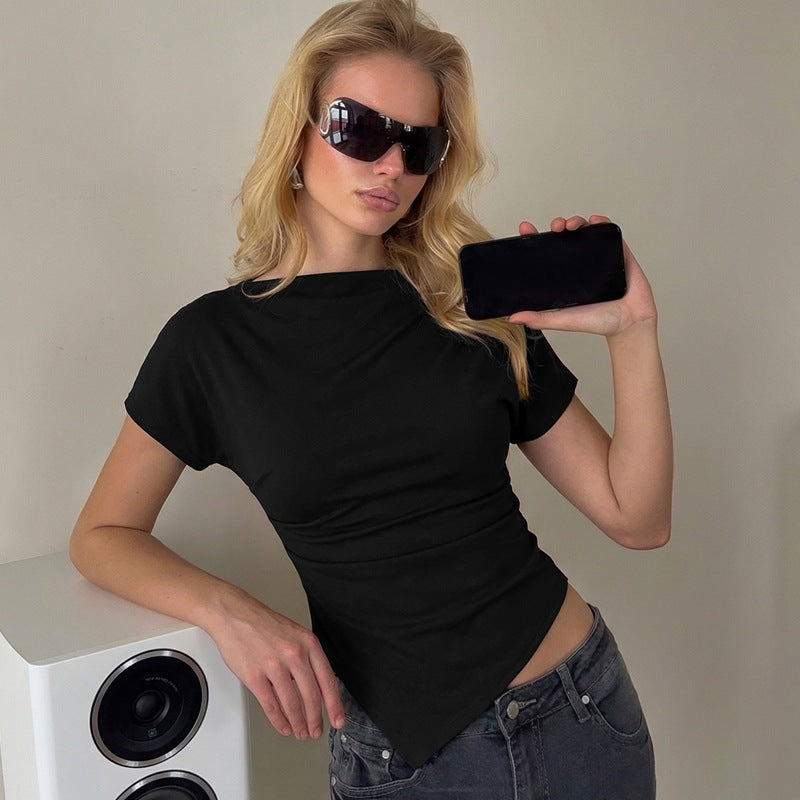 Fashionable Slim-fit Solid-color Short-sleeve Top For Women