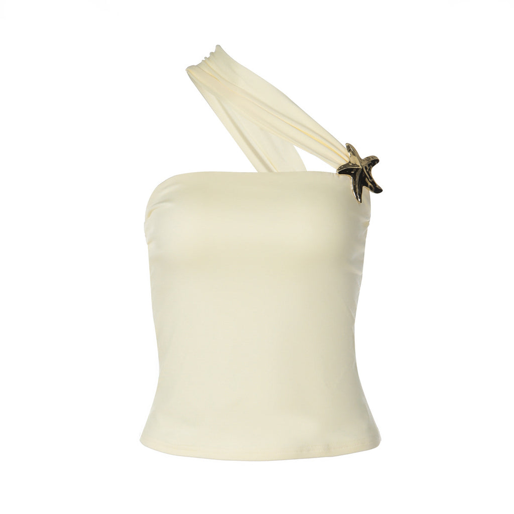 Personalized One Shoulder Top With A Slanted Neckline And Gold Button Detailing