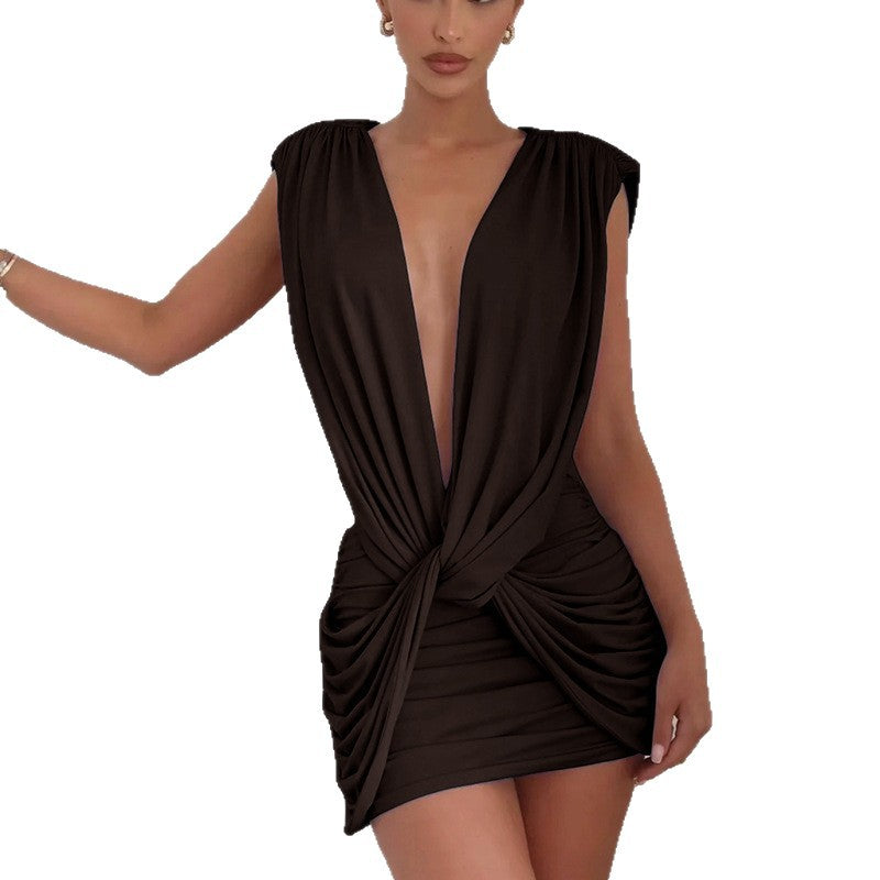 Cross-tie Sleeveless Pleated Slim-fit Mini Dress