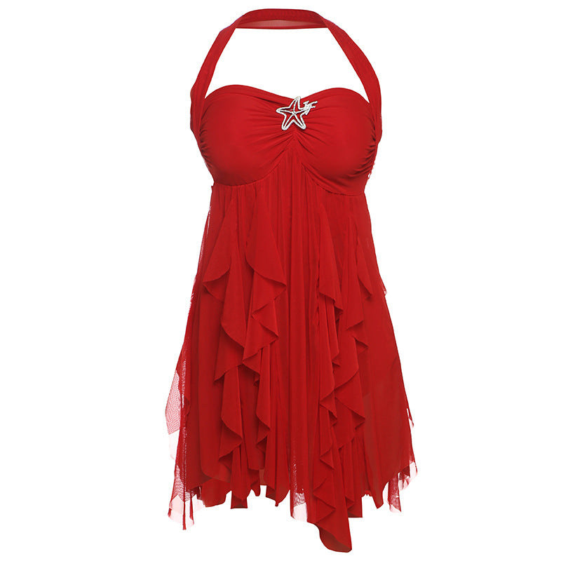 Ins Halter Neck Backless Dress Summer Sexy Printed Irregular Mesh Short Dresses For Evening Party Club Women's Clothing