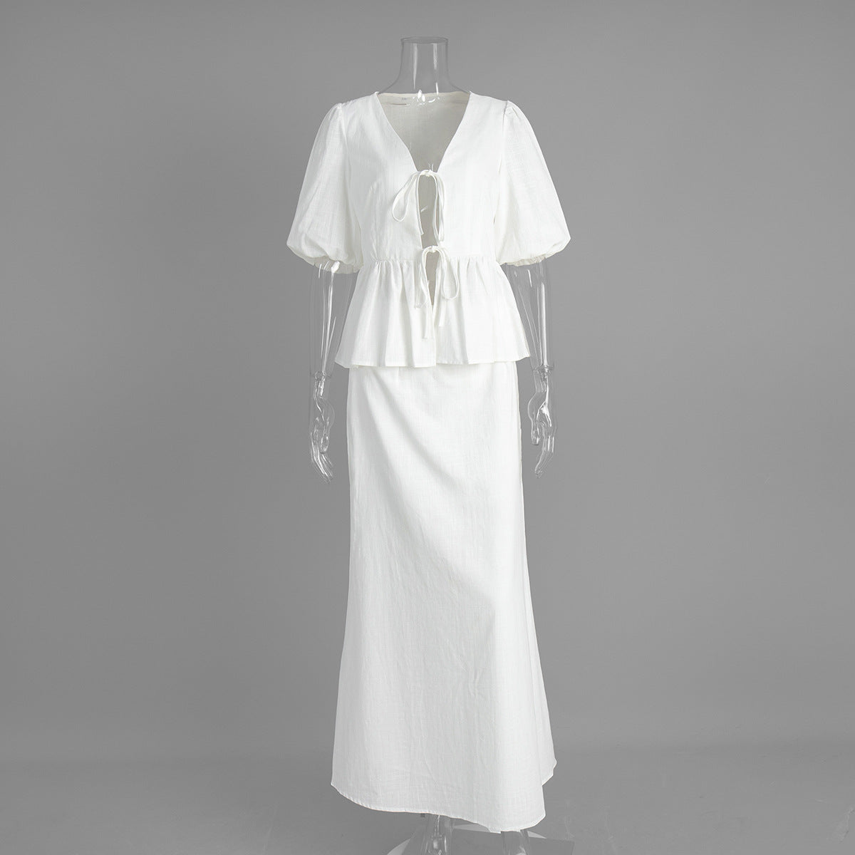Womens Casual Cotton Set Puff Sleeve Shirt With Long Skirt