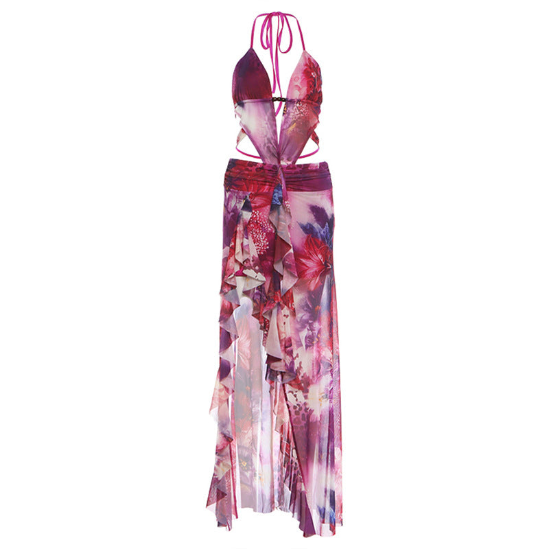 Womens Printed Split Irregular Personalized Design Sexy Niche Fashion