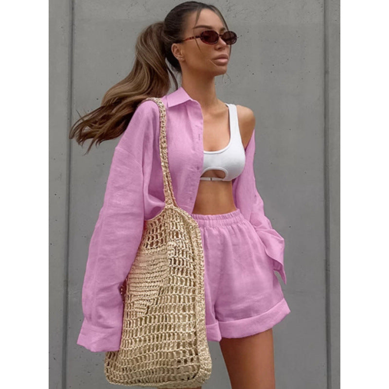 Pink Single Breasted Loose Fit Long Sleeve Shirt And Elastic Waist Casual Cropped Pants Two Piece Set