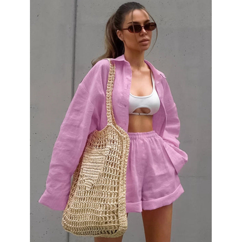 Pink Single Breasted Loose Fit Long Sleeve Shirt And Elastic Waist Casual Cropped Pants Two Piece Set