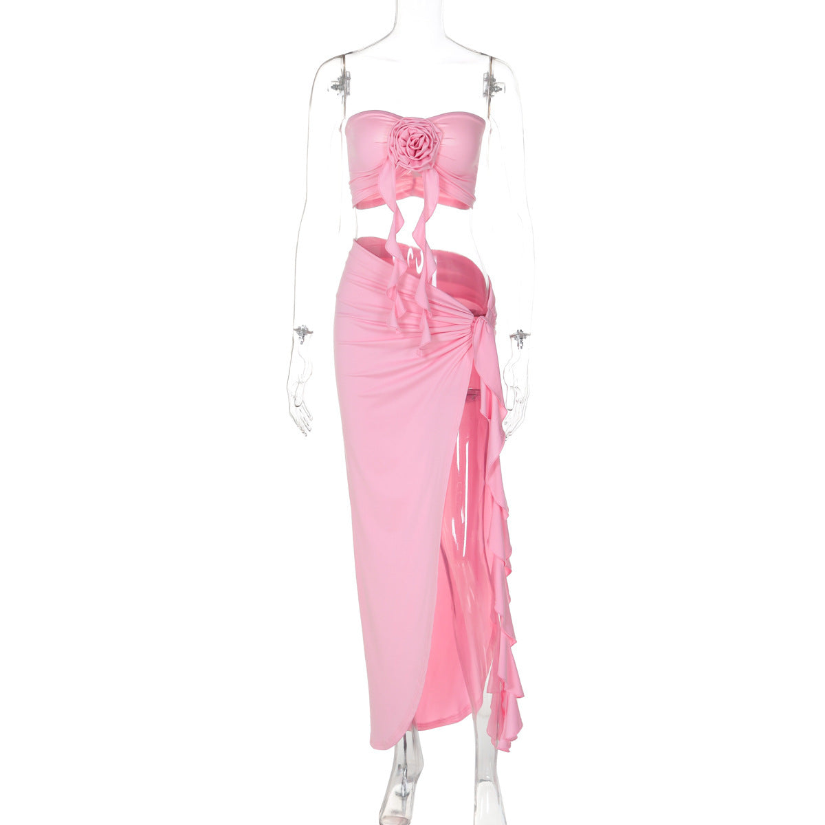 Tube Top Hugging Pleated Slit Floral Lace Up Set