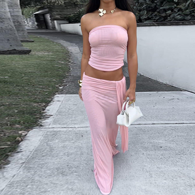 Womens Western-style Solid-color Mesh-panel Wrap-front Midi Skirt Two-piece Set