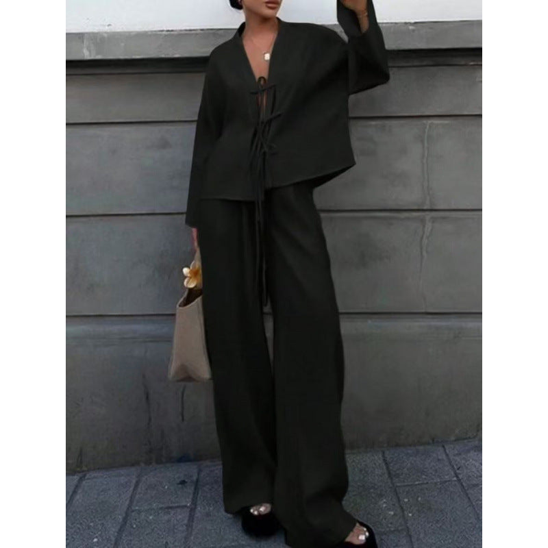 High-end Lace-up Shirt And Pants Casual Fashion Set