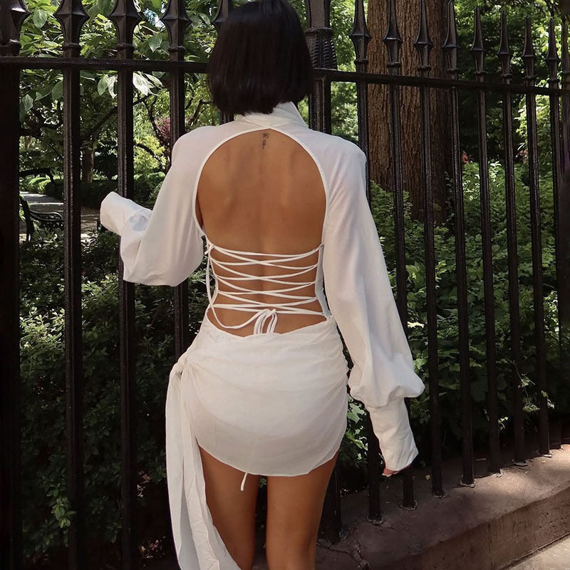 Womens Solid Color Sexy Backless Long-Sleeve Dress