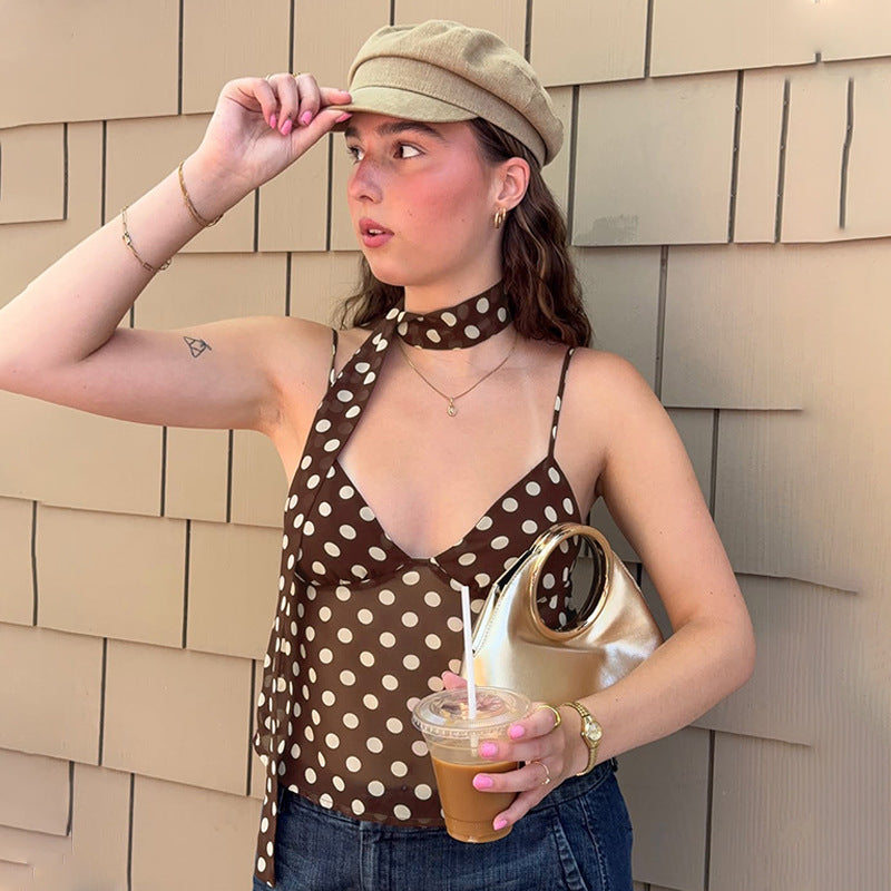 Women's V-neck Backless Polka-dot Camisole, Plus A Complimentary Silk Ribbon