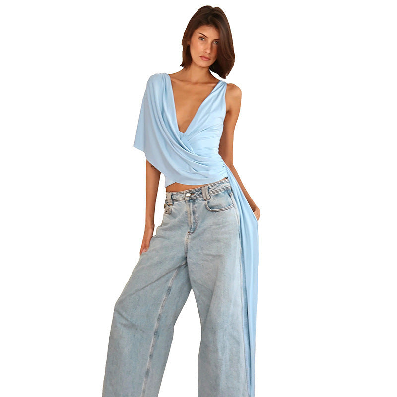 Fashionable Irregular Loose Deep V-Neck Top With Tie Waistband For Women