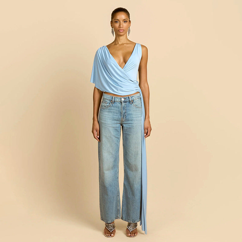 Fashionable Irregular Loose Deep V-Neck Top With Tie Waistband For Women