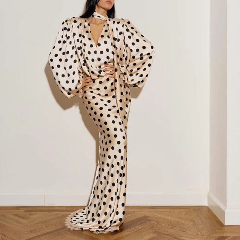 Fashionable Retro Polka-Dot V-Neck Puff-Sleeve Waist-Cinching Long Dress Set