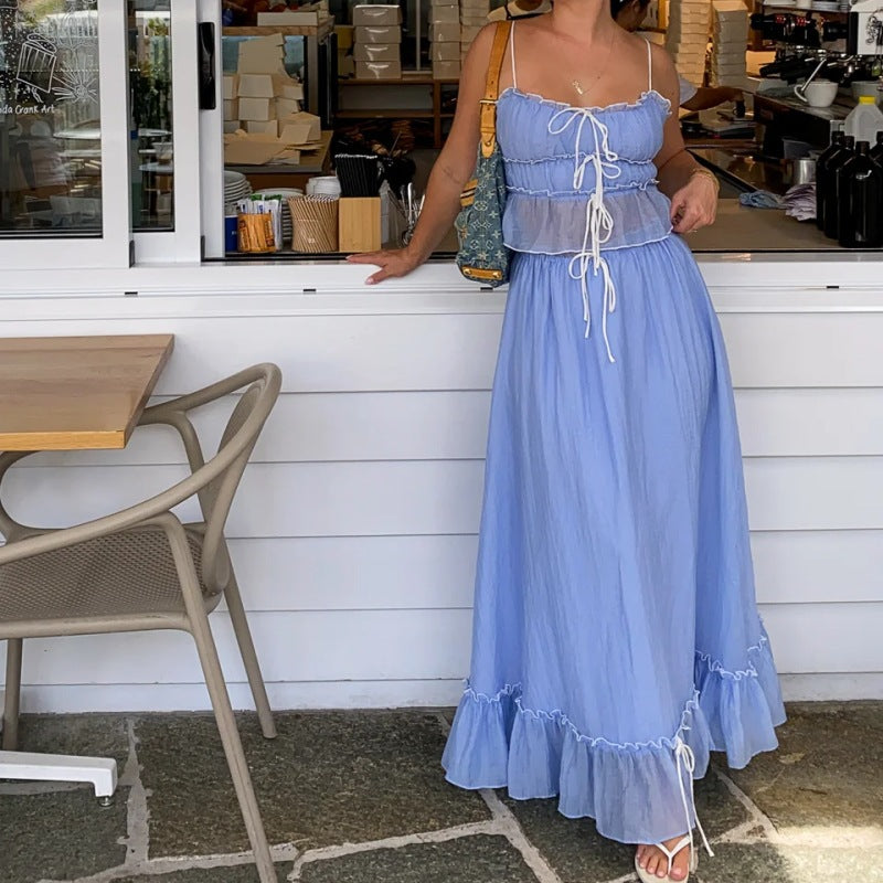 Strap Top And Elegant Long Skirt Set For Women