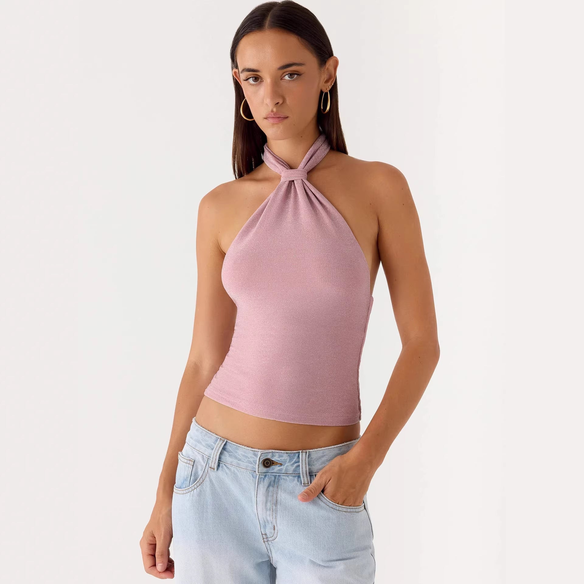Womens Light Luxury Sexy Halterneck Off-Shoulder Top