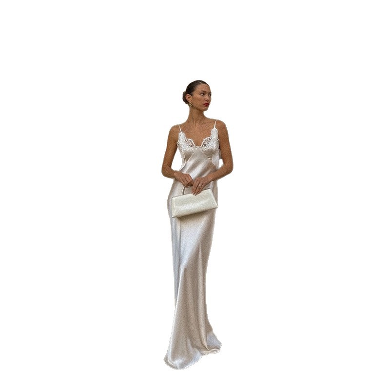 V-neck Lace-panel Long Satin Slip Dress