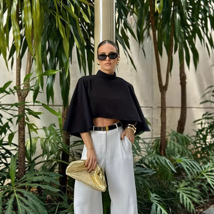 Womens Solid-Color Elegant And Stylish Short Cloak-Style Top