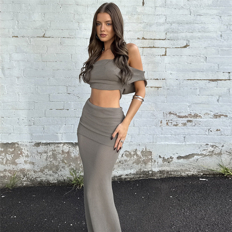 Womens Fashionable Sexy One-Shoulder Backless Solid-Color Bodycon Set For Women