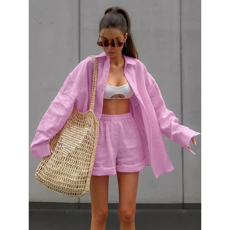 Pink Single Breasted Loose Fit Long Sleeve Shirt And Elastic Waist Casual Cropped Pants Two Piece Set