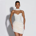 Asymmetrical Pleated Draped Mini Dress With A Neck-tie Ribbon