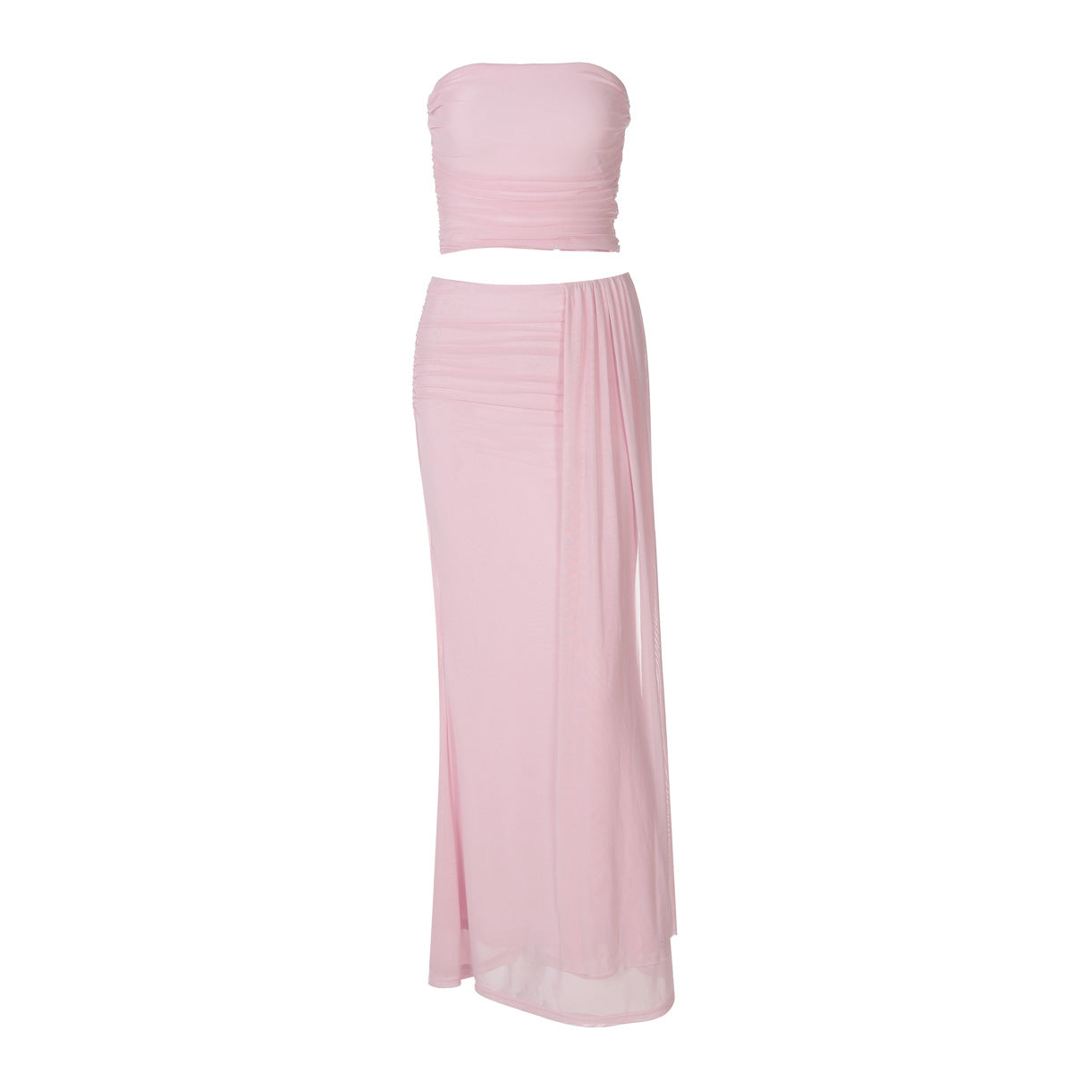 Womens Western-style Solid-color Mesh-panel Wrap-front Midi Skirt Two-piece Set