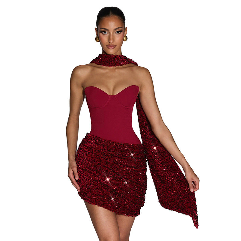 Asymmetrical Pleated Draped Mini Dress With A Neck-tie Ribbon
