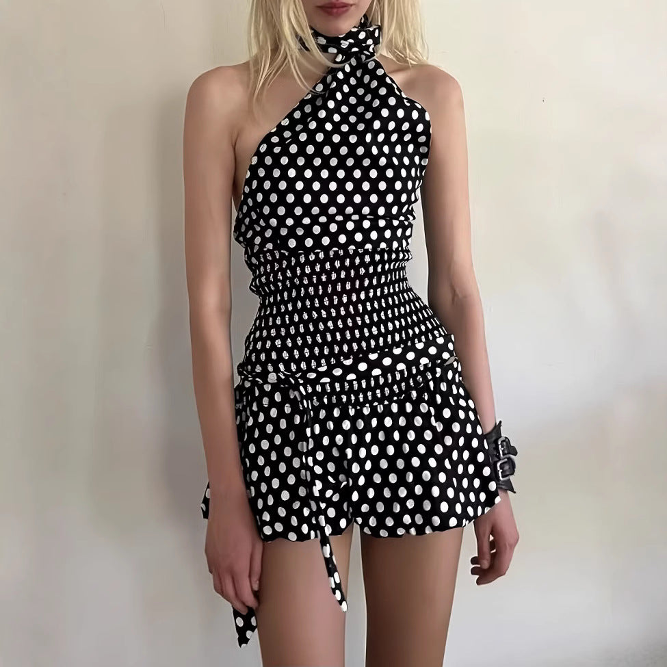 Women's Fashion Halter Off-the-shoulder Polka Dot Set